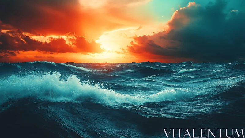 Stormlit ocean waves under blazing twilight horizon blaze.