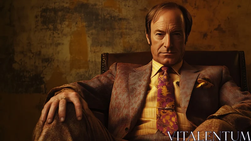 Charismatic trickster lawyer lounges in molten amber light