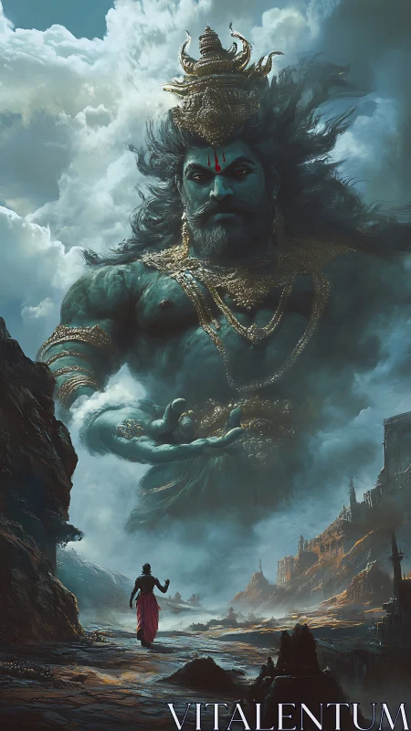 Colossal sky deity gazes down as lone traveler walks below