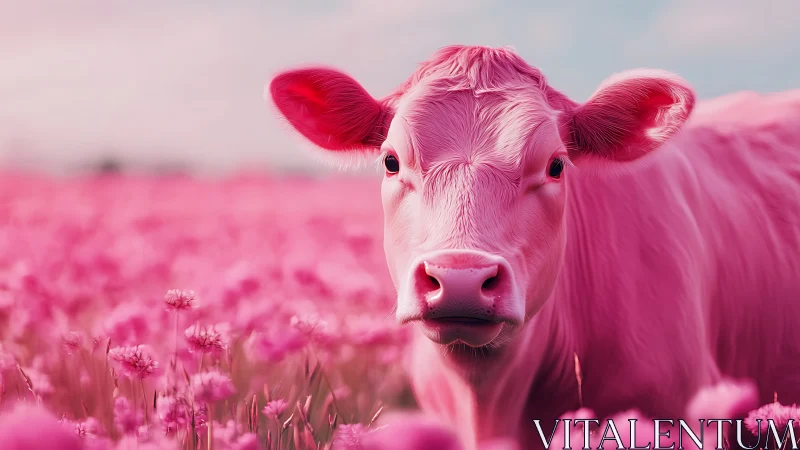 Vibrant pink cow stands serene in dreamy flower meadow