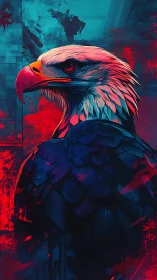 Bold neon eagle portrait glowing in electric twilight tones.
