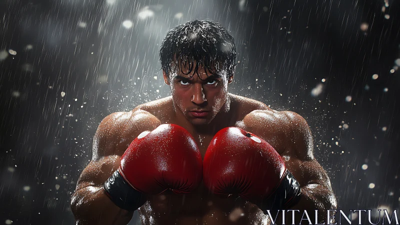 Pugilistic Portrait: Muscular Boxer in Red Gloves Amid Rainfall.