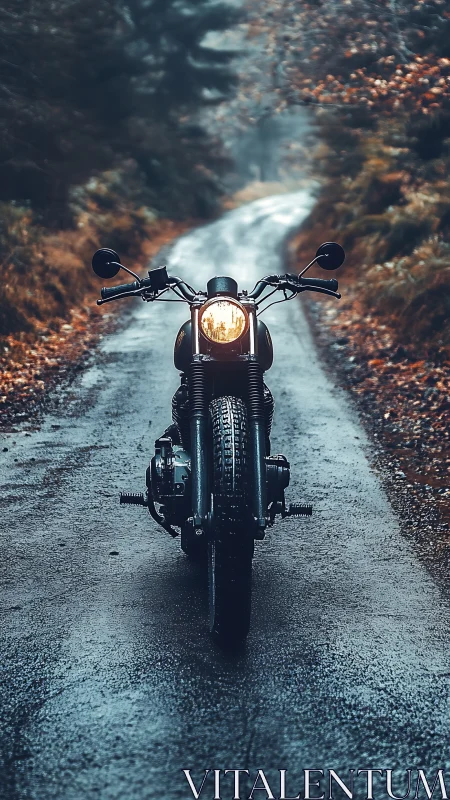Lone vintage motorcycle on misty forest backroad at dusk.