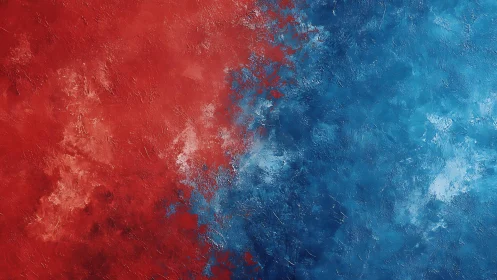 Abstract red and blue textured painting with bold color contrast.