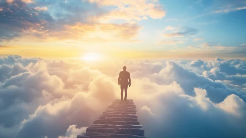 Businessman walks a glowing sky path toward hopeful sunrise