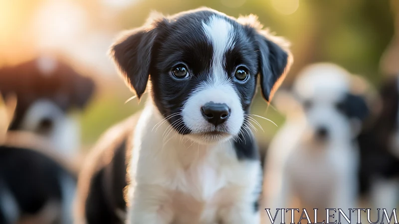 Border collie type puppies stand outdoors in shallow focus view