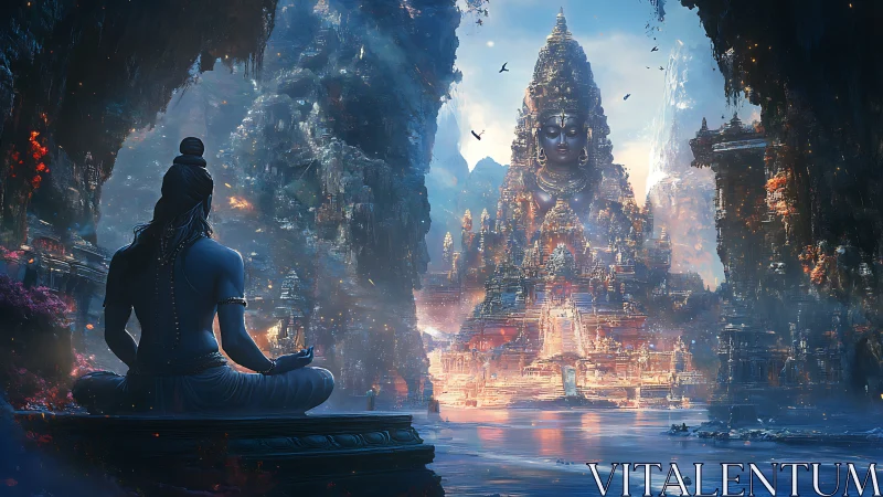 Meditating deity overlooks luminous sacred mountain temple.