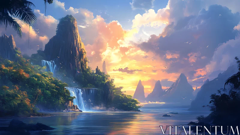 Dramatic Sunset Over Mystical Island Landscape with Cascading Waterfalls
