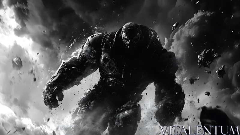 Monochrome armored giant amid storm clouds and debris.