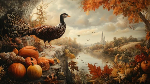 Autumn grouse overlooks river valley with distant cathedral