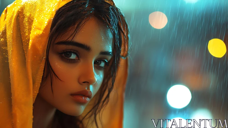 Young woman in yellow hood under nighttime rain shower.