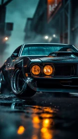 Night street muscle car glowing against rainy city lights.