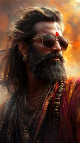 Bearded man in ornate attire with sunglasses and bindi mark.