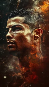 Fiery portrait of a focused athlete wrapped in glowing smoke.