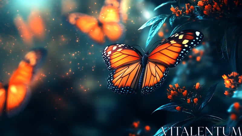 Orange butterfly rests on flowers in softly glowing forest