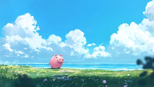 Sunny seaside stroll with a rosy daydreaming piglet.