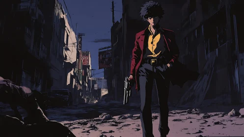 Gun-wielding figure in ruined urban alley at night.