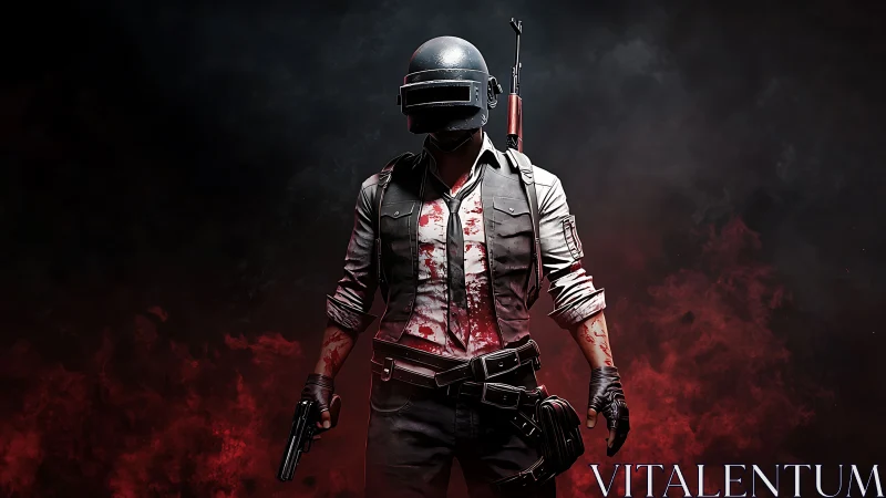 Digital combatant portrait in dramatic 3D battlefield rendering.