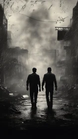 Rain-scarred wanderers crossing a haunted urban aftermath.