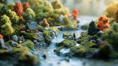 Miniature riverside cottage glows in storybook forest hush.