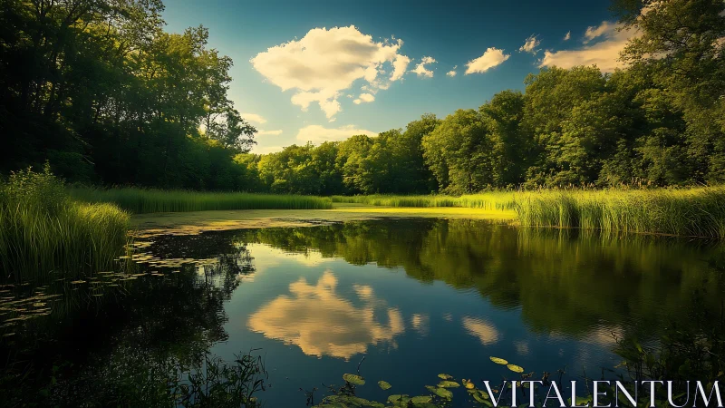 Riparian wetland pond with specular cloud reflections at dusk.