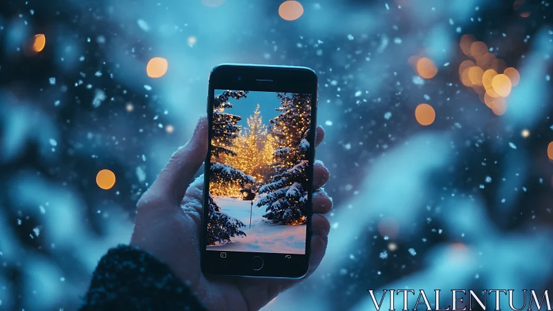 Cozy winter lights captured through a glowing phone frame.