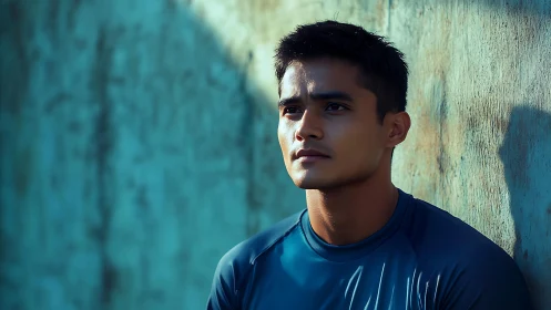 Contemplative athlete in oblique hard light against teal wall.