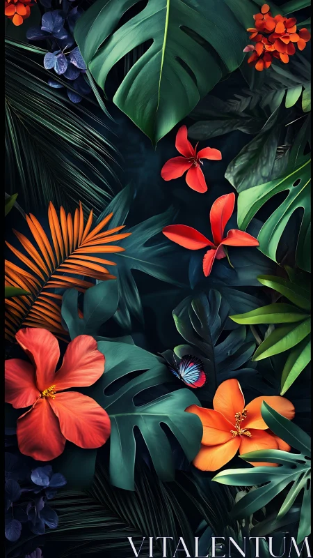 Tropical Flora Arrangement with Vibrant Red and Orange Florals Against Dark Foliage Background