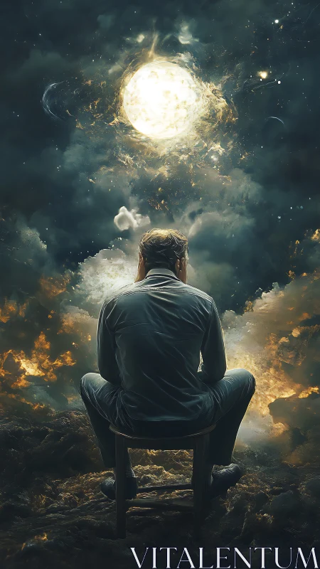 Solitary figure contemplates stellar vortex in atmospheric void