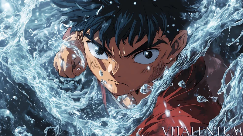 Determined anime fighter punches through swirling water barrier