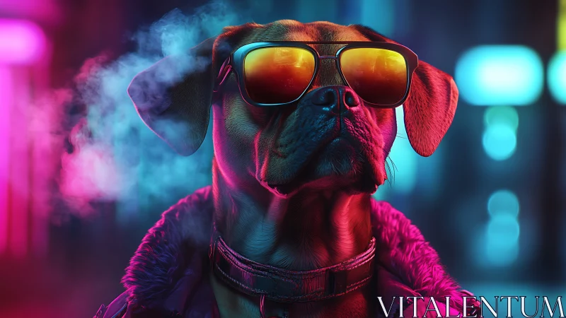 Neon city dog with mirrored sunglasses in vaporwave haze.