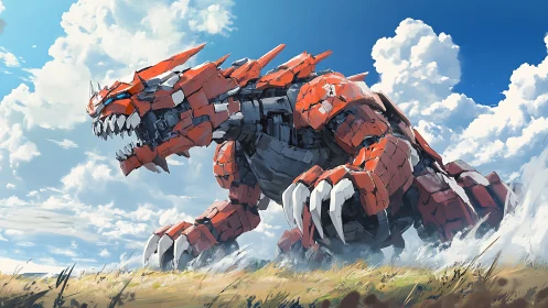 Red mechanical beast charges across windy open field