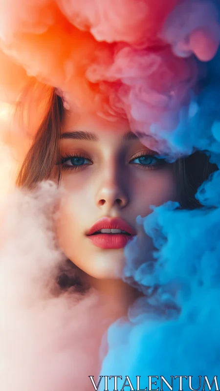 Portrait of a woman framed by dual-toned atmospheric color clouds