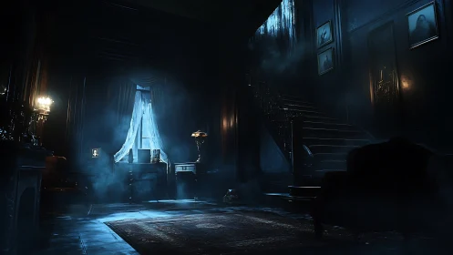 Volumetric moonlight defines a decaying Victorian foyer interior