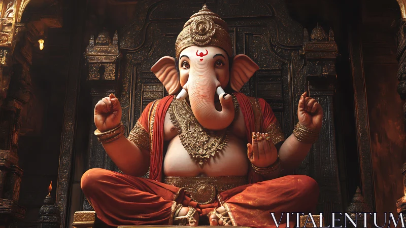 Lord Ganesha idol in ornate golden temple sanctum.