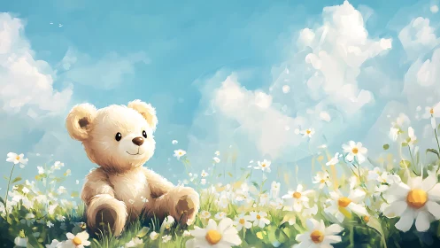 Sunlit teddy daydreams quietly in a cloud-dappled meadow