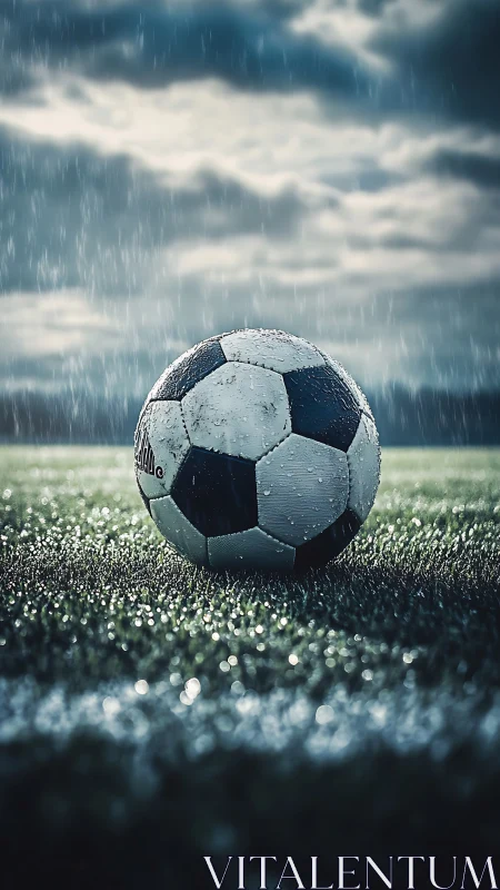 Rain-soaked match ball waits on stormy floodlit turf.