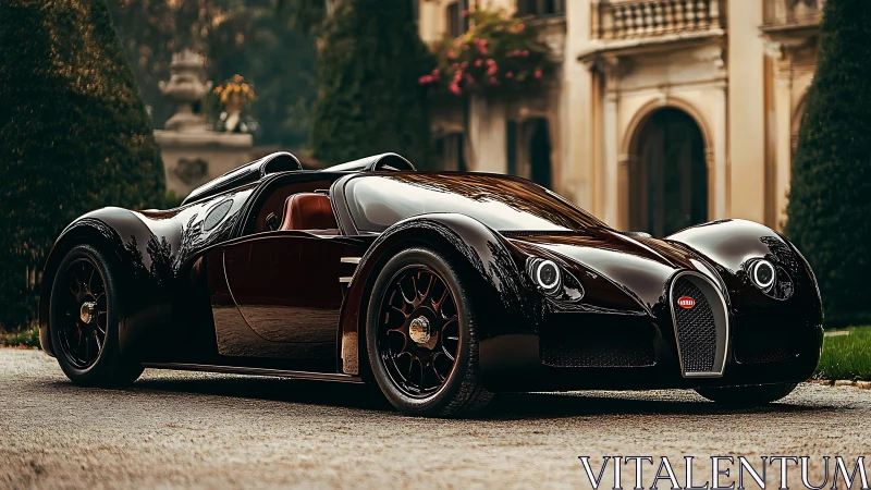 Black Bugatti hypercar outside classic luxury villa.