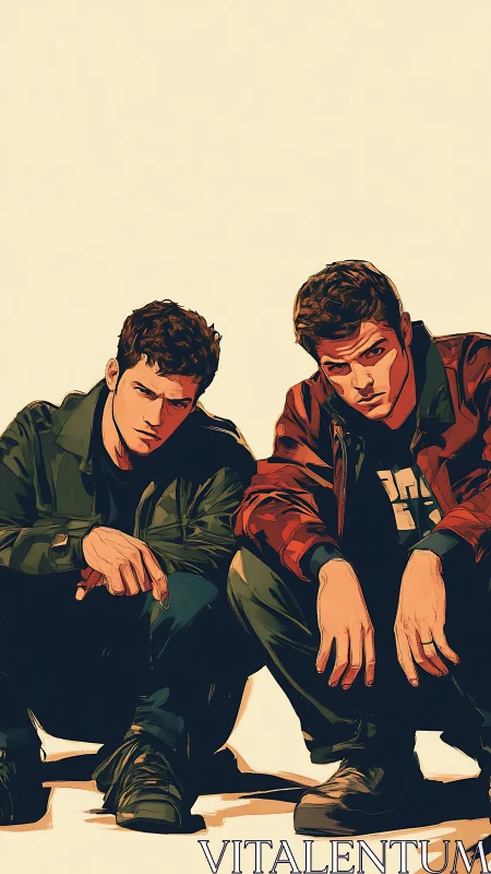 Digital painting of two seated young men in low crouched pose.
