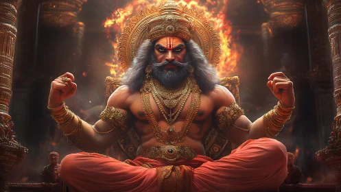 Divine warrior god seated in fiery temple throne vision.