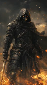 Hooded armored swordsman with glowing eyes in firelit smoke.