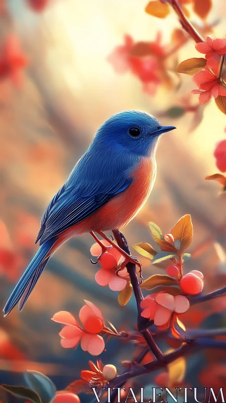 Vivid blue songbird perched on flowering branch at sunrise
