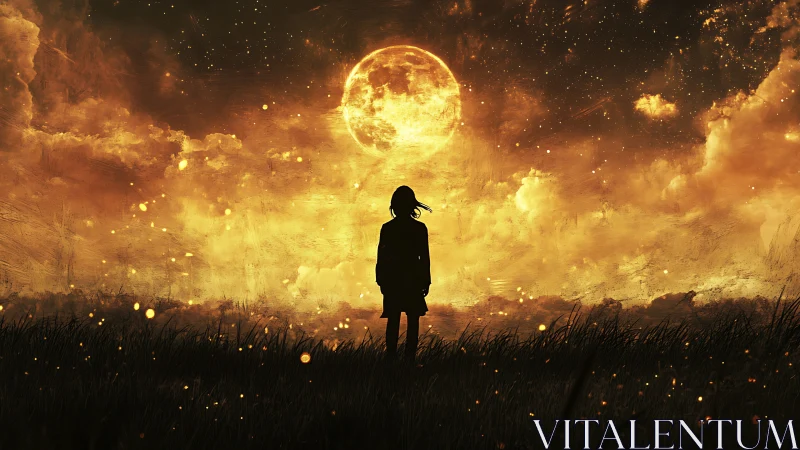 Silhouetted dreamer watches a blazing golden moonrise sky