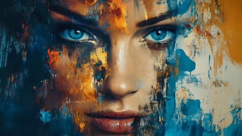 Intense blue-eyed portrait merges with abstract paint strokes.