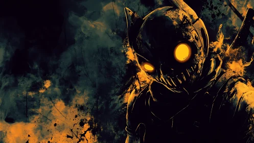 Cyber-noir armored figure with glowing eyes dominates frame