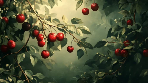 Sunlit cherry branches drifting through a quiet garden.