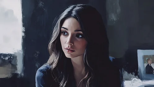 Moody digital portrait of reflective woman in soft window light.