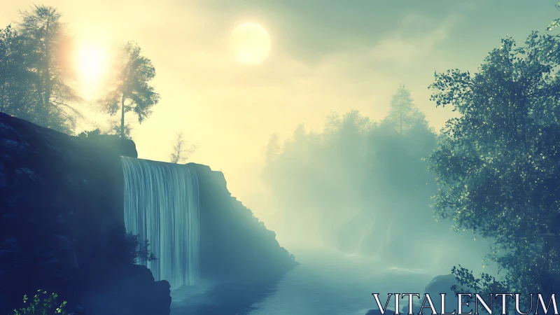 Softly lit riverside waterfall rendered with volumetric atmospheric haze