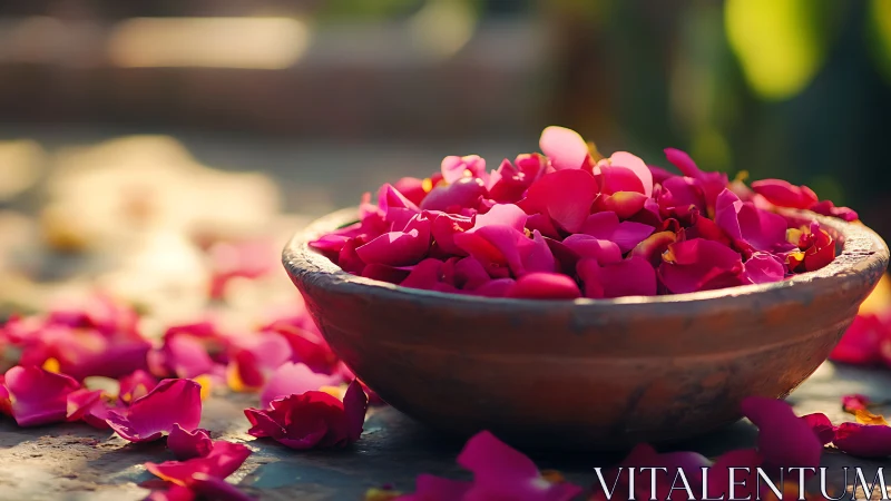 Rose petals float in terracotta bowl, warm sunlight glowing.