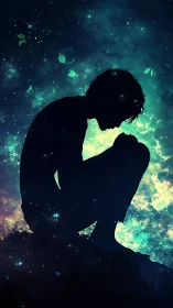 Silhouette of pensive person against glowing starry sky.